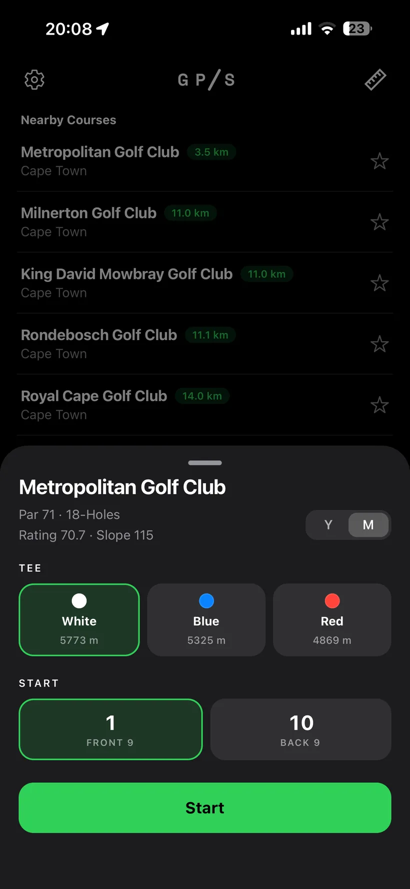 Round setup: choose your tee and starting hole, then tap start